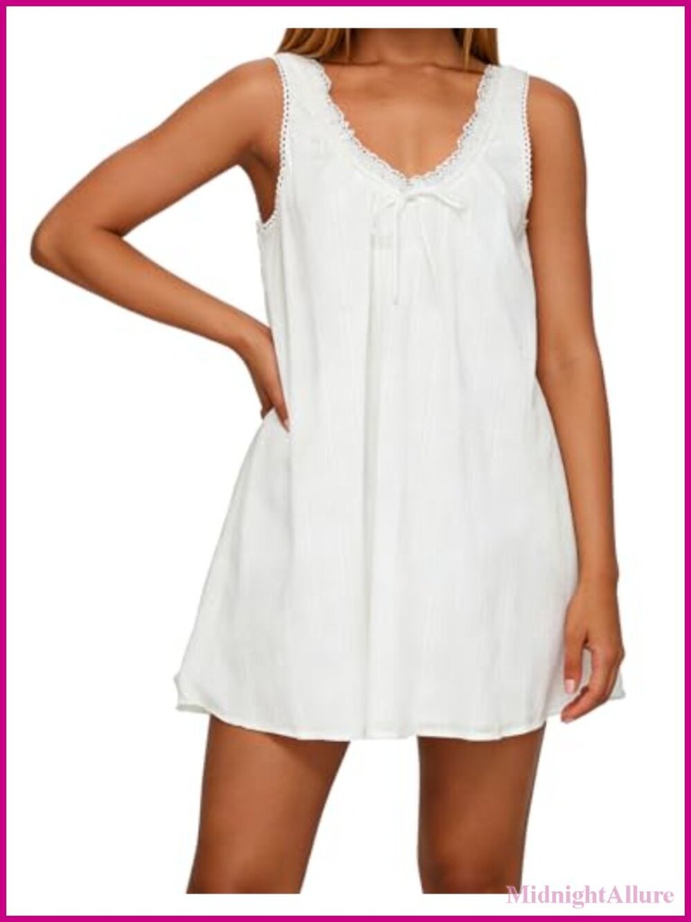 Womens Babydoll Tank Dress V Neck Swing Mini Dress Lace Trim Low Back Cute